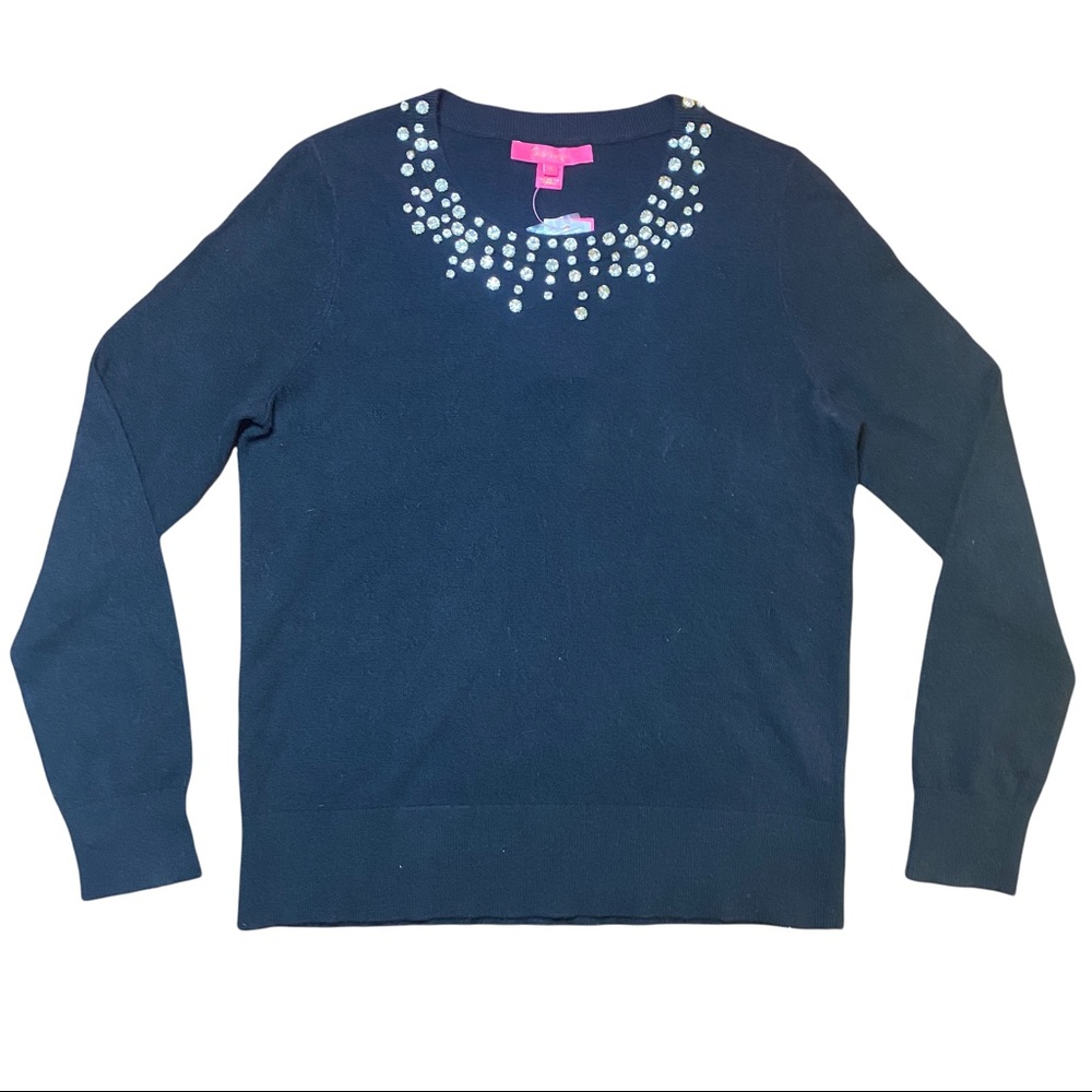 Lilly Pulitzer Odetta Sweater Black Jeweled Merino Wool Cashmere Women’s Size M